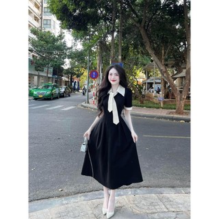[6.6 Sales Freeship] Đầm đen tiểu thư nữ tay ngắn cột nơ trắng, đầm suông dài qua gối cổ v đi tiệc sang trọng dx