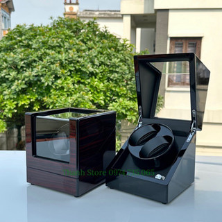 Hộp xoay đồng hồ cơ - Vỏ Gỗ Sơn Mài Đen Bóng - 4 chế độ xoay có đèn led - Mở lắp tự dừng