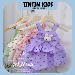Bộ 2 dây tầng, đũi mềm, áo xếp tầng phối nơ kèm hình thỏ trước ngực cho bé gái 7-17kg