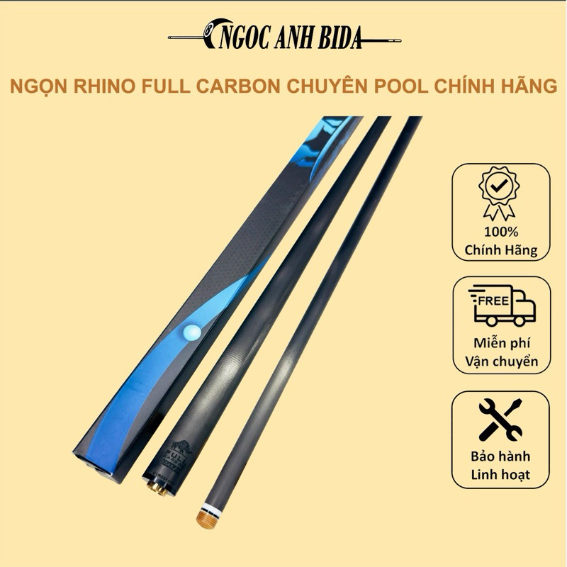 Ngọn cow  bida pool RHINO FULL CARBON,Size 11.8-12.4-12.8-13mm, Ren Radial - 3/8x10 - 3/8x11 - 5/6x1