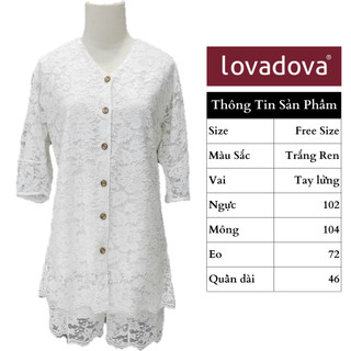 Bộ set áo sơ mi dài tay vải ren xuyên thấu màu trắng họa tiết hoa và quần ngắn Lovadova 24O03C002