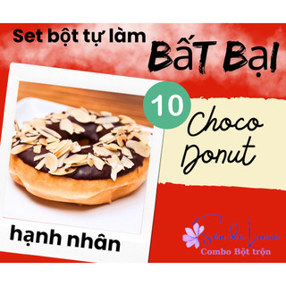 Set bột 10 Bánh Donut Sốt sô cô la phủ Hạnh nhân lát, gồm bột trộn, sốt sô cô la, nguyên liệu và vật dụng làm bánh