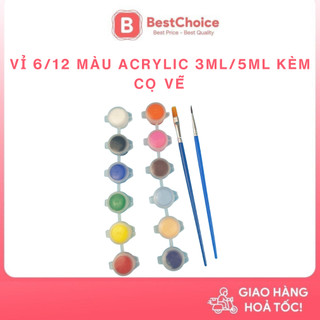Vỉ 6/12 hộp màu mini acrylic 3ml/ 5ml kèm cọ, màu acrylic vẽ mỹ thuật tô màu