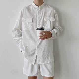  Áo sơ mi nam cổ tàu linen oxford dài tay đũi local brand sơn tùng mtp Nam 2 Túi Ngực basic 