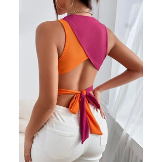Áo croptop ba lỗ phối màu buộc nơ hở lung