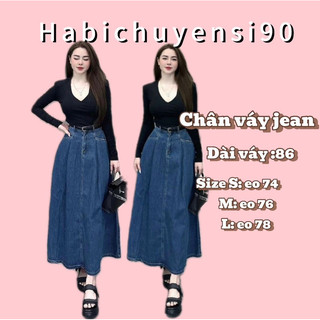 Chân váy jean dài dáng A màu xanh , không kèm dây nịt habichuyensi90