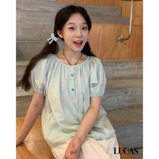 Áo sơ mi cổ tròn tay ngắn bồng dáng suông basic