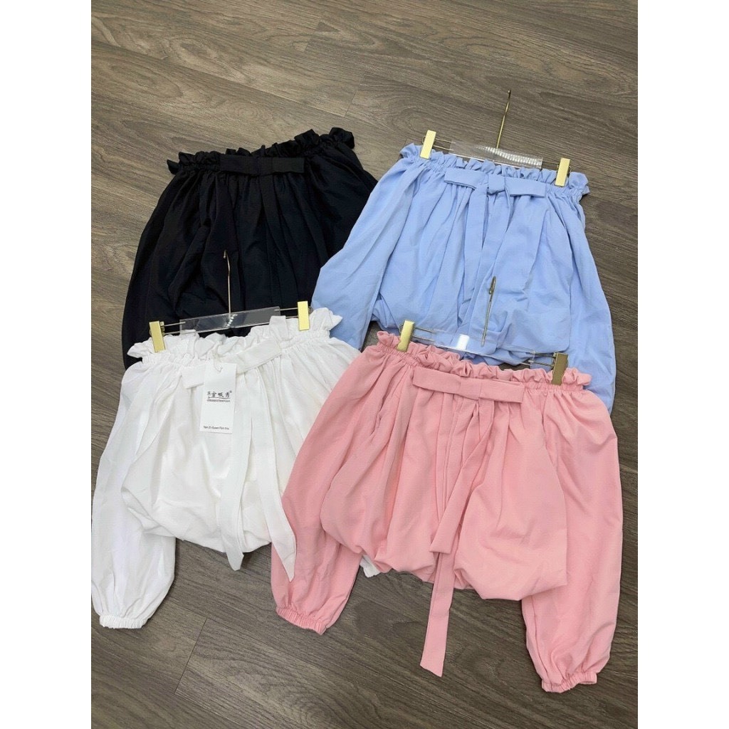 Áo sơ mi trễ vai tay bồng đính nơ ngực 2 lớp dáng bí bèo tai tiểu thư A257 SUTANO | BigBuy360 - bigbuy360.vn