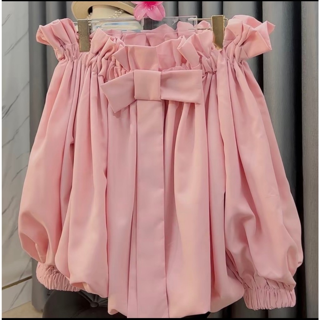 Áo sơ mi trễ vai tay bồng đính nơ ngực 2 lớp dáng bí bèo tai tiểu thư A257 SUTANO | BigBuy360 - bigbuy360.vn