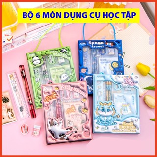 Bộ Dụng Cụ Học Tập Hộp Giấy Có Quai Xách 6 Món Gồm 2 Bút Chì + Tẩy + Thước Kẻ + Gọt Bút Chì + Sổ Ghi Chép Cute Dễ Thương