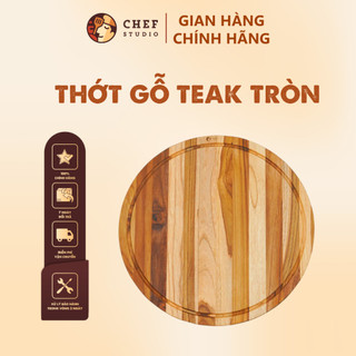 Thớt gỗ Teak Chef Studio cao cấp hình tròn có rãnh 45x45, dày 1.4 cm dùng cho cắt thái và trang trí