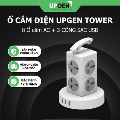 Ổ Cắm Điện Đa Năng UPGEN TOWER Dạng Tháp Chịu Tải Lớn, Tích Hợp USB Sạc Nhanh, An Toàn Chống Cháy