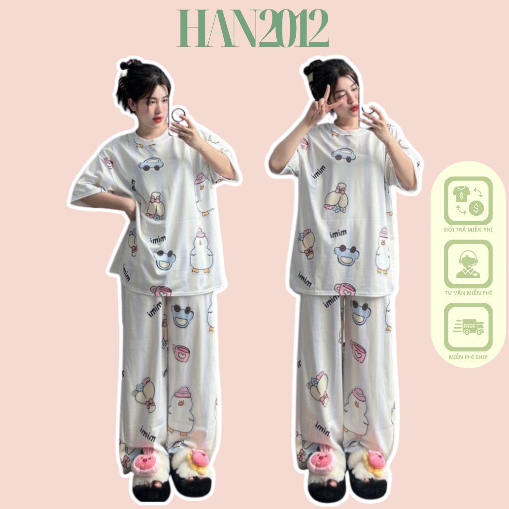 Set áo thun gà con dáng rộng phối quần dài dáng suông, Bộ áo phông tay lỡ kèm quần ống rộng siêu xinh dễ thương