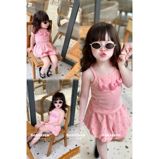 Đồ bộ cho bé, set áo 2 dây tim phồng kèm quần bí ngô xinh cho bé gái