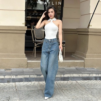 Quần jean KAYLIN form suông phối túi vuông chất vải denim dầy dặn phong cách - N2228