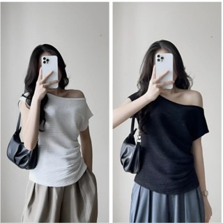 Áo tay hến lệch vai , áo thun nhún eo trễ vai kiểu dáng basic zeeny store