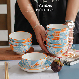  Bộ 6 và 10 chén sứ ăn cơm cao cấp vẽ họa tiết xanh mùa hè nhiệt đới - Bát cơm họa tiết mùa hè sắc nét - Vỡ 1 đổi 1 