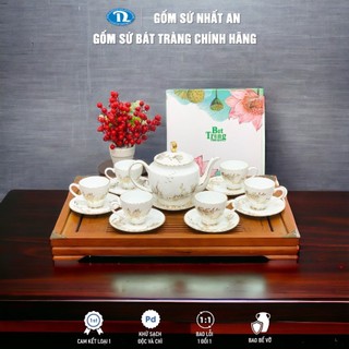 Bộ ấm chén men trắng hoa nổi gốm sứ cao cấp Bát Tràng vẽ vàng - bộ ấm trà VIP