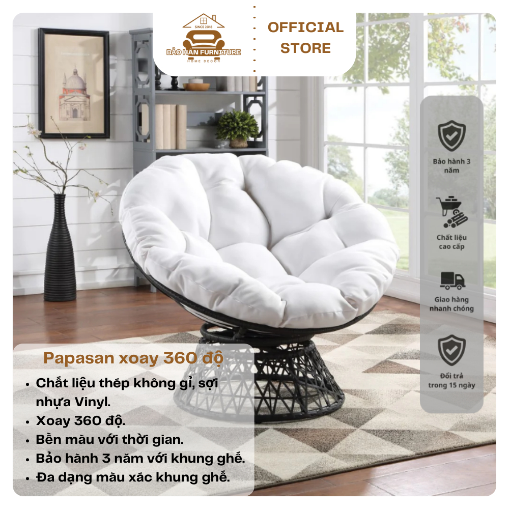Ghế thư giãn Papasan xoay 360 độ [ Quy Chuẩn Châu Âu ] khung thép giả mây - Ghế thư giãn, đọc sách