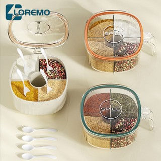 Hộp đựng gia vị  4 ngăn，Hộp đựng gia vị-Hũ gia vị chia ngăn có nắp đậy kèm thìa tiện lợi rong suốt kín khí , chống ẩm ướ