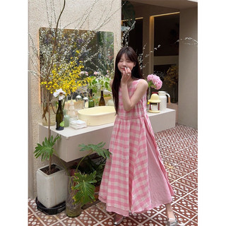 Đầm đũi thô caro hồng - Sẵn hàng