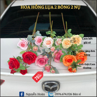 Hoa Hồng Giả_Hoa Hồng  2 Bông 2 Nụ Nhiều Màu Sắc LOẠI 1 Cao Cấp, Cành Cao 75cm Đẹp Giống Thật_Hoàn Hoa Lụa