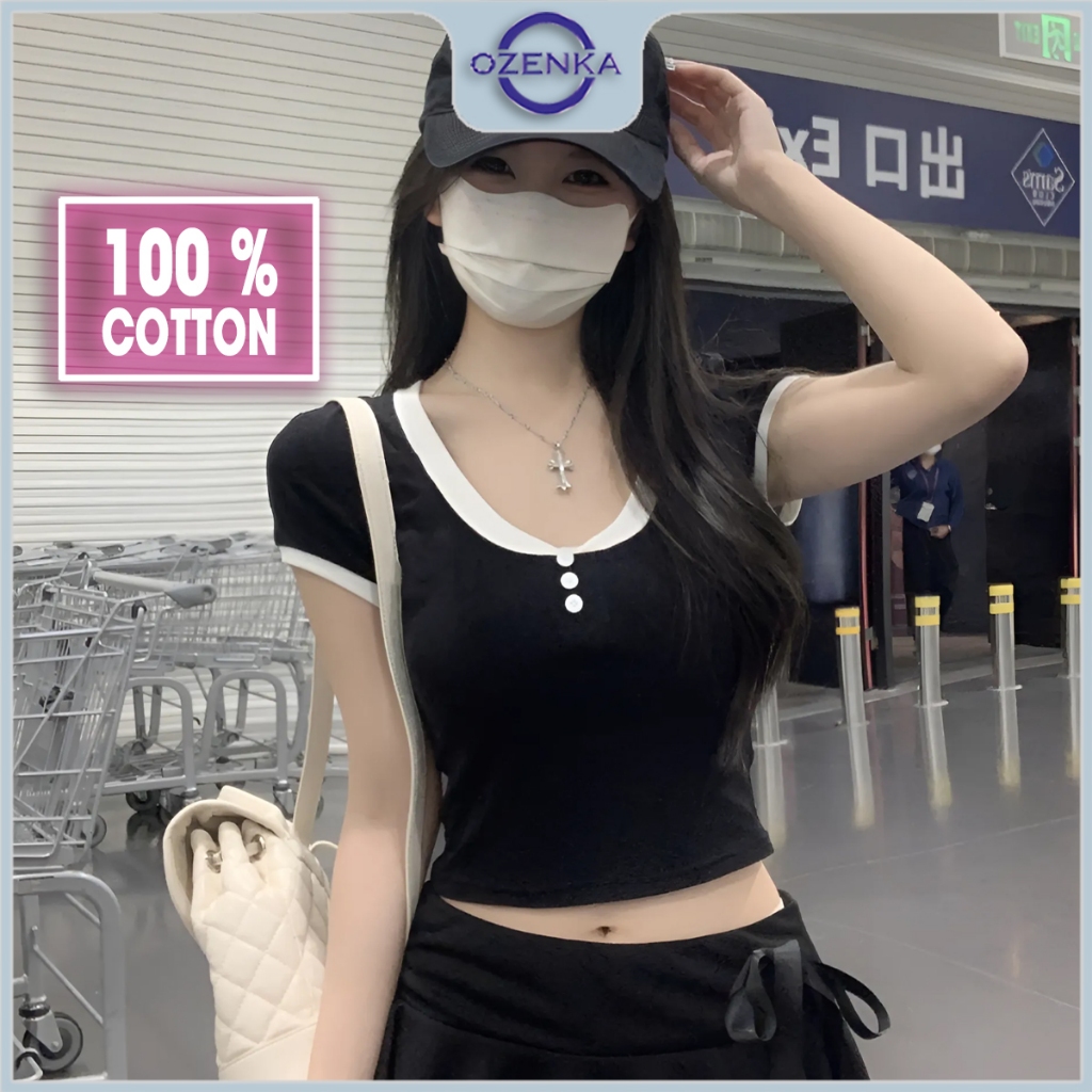 Áo croptop ôm cổ viền tay ngắn nữ sang chảnh ozenka , áo crt kiểu thun cotton màu đen trắng tôn dáng
