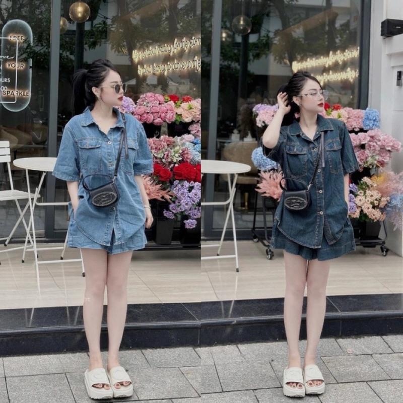 Big Size Set Jeans Nữ M26  40-95kg Áo Sơ Mi Dáng Suông Vạt Bầu Kèm Quần Sooc Thời Trang