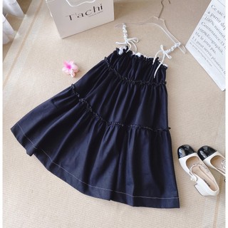 Đầm bbd jean 2 dây bèo tầng xòe