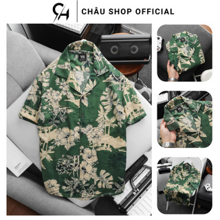 Áo Sơ Mi Nam, Áo Sơ Mi Đũi Cuban Green Flower CHÂU SHOP OFFICIAL Chất Mềm Mịn Thoáng Mát Hoạ Tiết Hoa Xanh Độc Lạ
