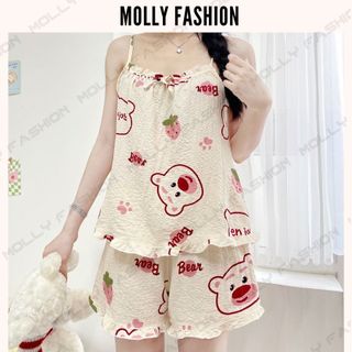Set đồ ngủ hai dây BERRY BEAR chất đũi mềm thoáng mát bốn mùa nhiều họa tiết Freesize dưới 55kg Molly Fashion