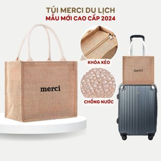 Túi Merci có khóa kéo mẫu 2024 đựng đồ đựng quần áo đi biển đi du lịch túi cói chống nước Gọn Gàng