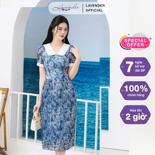 Đầm công sở thiết kế LAVENDER FASHION màu hoa xanh phối cổ trắng phần chân dập ly cực sang D3039