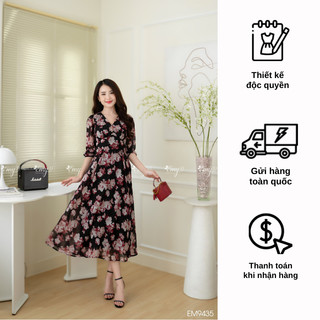 Đầm emy em9435 xoè hoa nền đen
