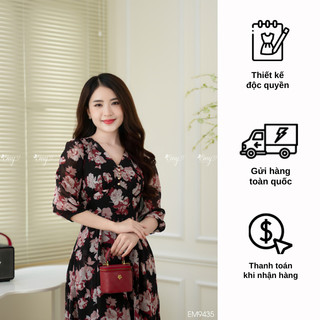 Đầm EMY EM9435 Xoè Hoa Nền Đen