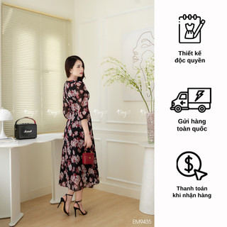 Đầm EMY EM9435 Xoè Hoa Nền Đen