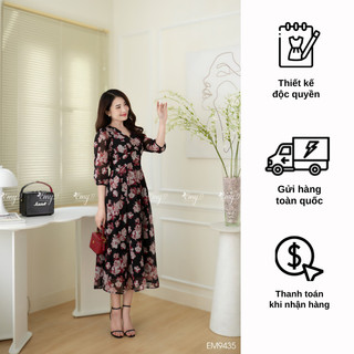 Đầm EMY EM9435 Xoè Hoa Nền Đen