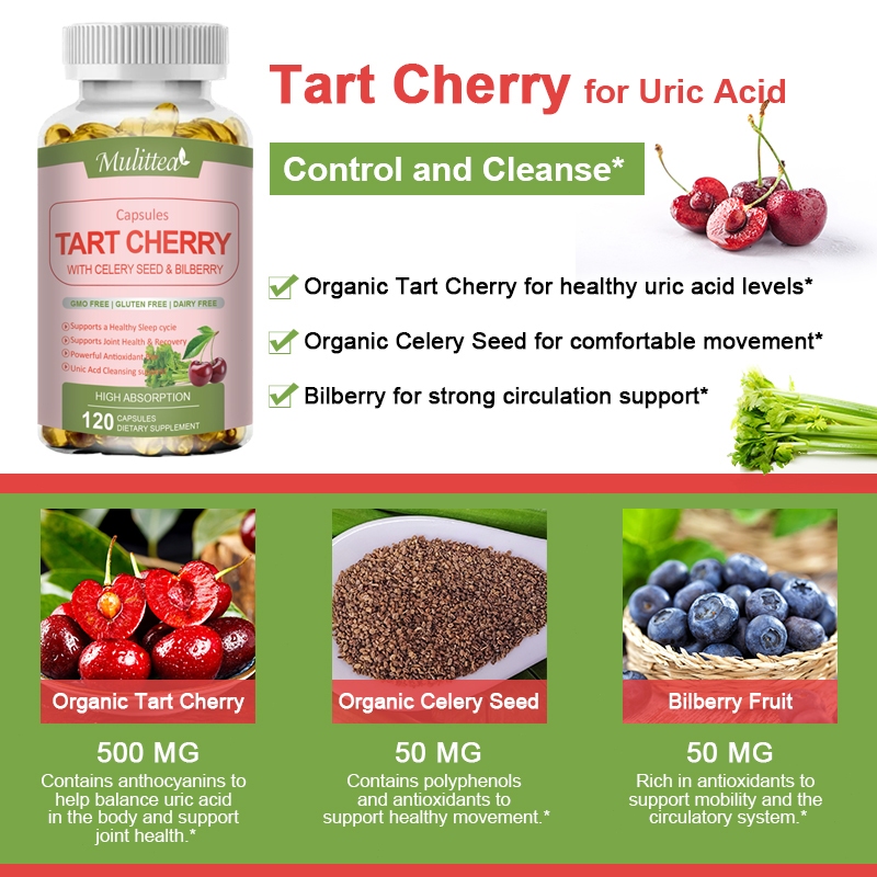 Mulittea Tart Cherry Uric Acid Clean Organic Caraway Seed Chiết xuất Bilberry Hỗ trợ chung Cơ bắp Sức khỏe Ngủ