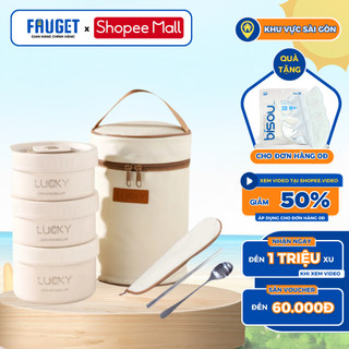 Hộp Đựng Cơm Văn Phòng Giữ Nhiệt FAUGET 4 Tầng Chất Liệu Inox 304 Giữ Nhiệt Tốt, Tặng Kèm Túi Đựng Kèm Bỗ Đũa Thìa Inox
