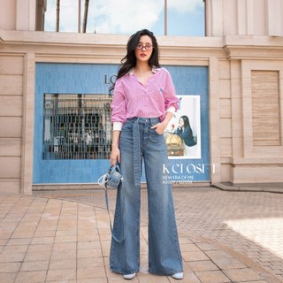 Quần jean cạp cao, ống rộng, dài dây đai lưng, thời trang thiết kế K Closet Q2008