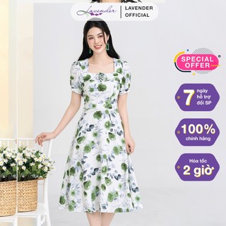 Đầm công sở thiết kế LAVENDER FASHION hoa xanh cổ trắng dáng xòe cổ đính hoa D3045