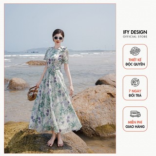 Váy maxi đi biển dáng dài IFY Desin thiết kế cổ tròn đính hoa họa tiết hoa in cao cấp phối dây thắt eo vải tơ óng VA0831