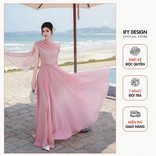 Váy maxi đi biển dáng dài IFY Design thiết kế cổ lệch đuôi xòe xẻ tà cách điệu vải tơ óng 2 lớp cao cấp - VA0826