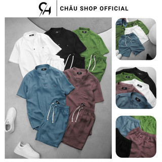 Set Quần Áo Nam, Set Bộ Đũi Cổ V CHÂU SHOP OFFICIAL Chất Vải Đũi Mây Mềm Nhẹ Co Giãn Thoáng Mát Form Rộng Rãi