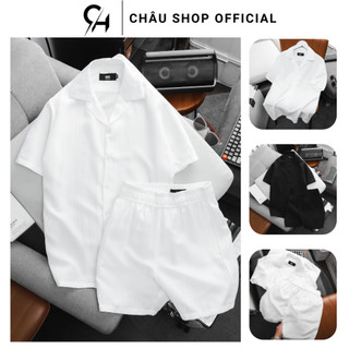 Set Quần Áo Nam, Set Bộ Đũi Gân Linen CHÂU SHOP OFFICIAL Chất Đũi Gân Mềm Mịn 2 Màu Trắng Đen Phù Hợp Đi Biển