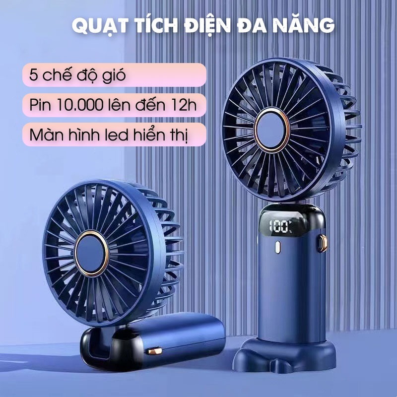 Quạt Cầm Tay Tích Điện Du Lịch Pin Trâu 10000mah 5 Tốc Độ Gió Có Màn Hình Led Hiển Thị