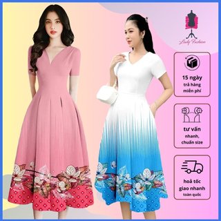 [HCM] MS076 Đầm xòe xếp ly in họa tiết chân hoa sang trọng