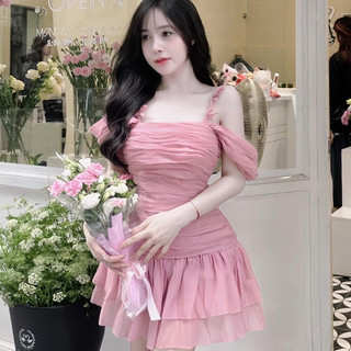 váy tơ nhăn dúm thân trễ vai hàng 2 lớp siêu xinh 2 màu kem hồng