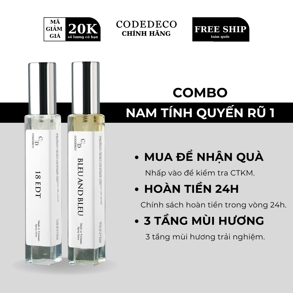 [COMBO NAM TÍNH QUYẾN RŨ 1] Tinh dầu thơm CODEDECO 18 EDT + CODEDECO Bleu And Bleu 10ml dạng xịt