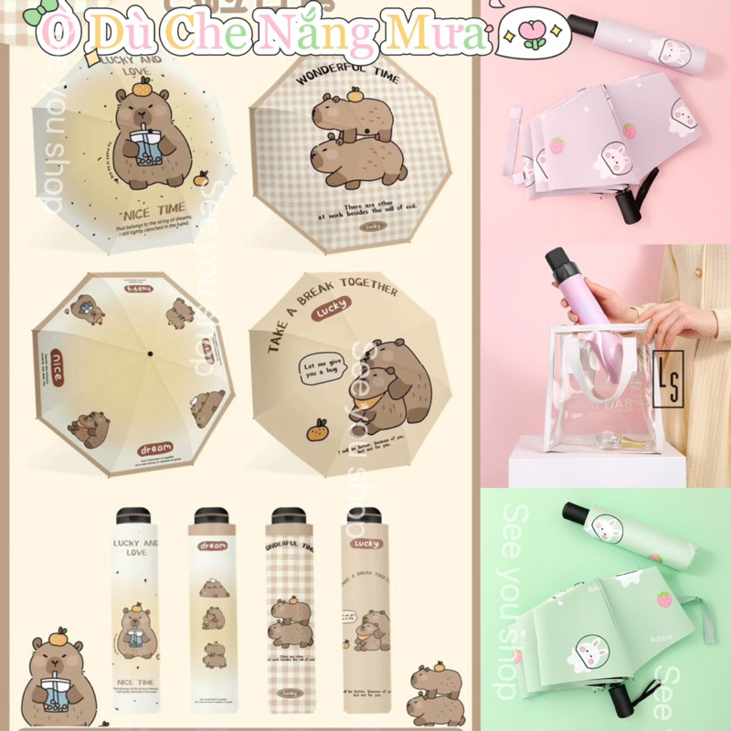 Ô Dù Capybara Cute Gập Gọn – Chống Nắng Chống Mưa 2 Lớp UV – Dù Đi Học Đi Làm Gọn Nhẹ Tone Hàn - Đi Làm Đi Bộ Dạo